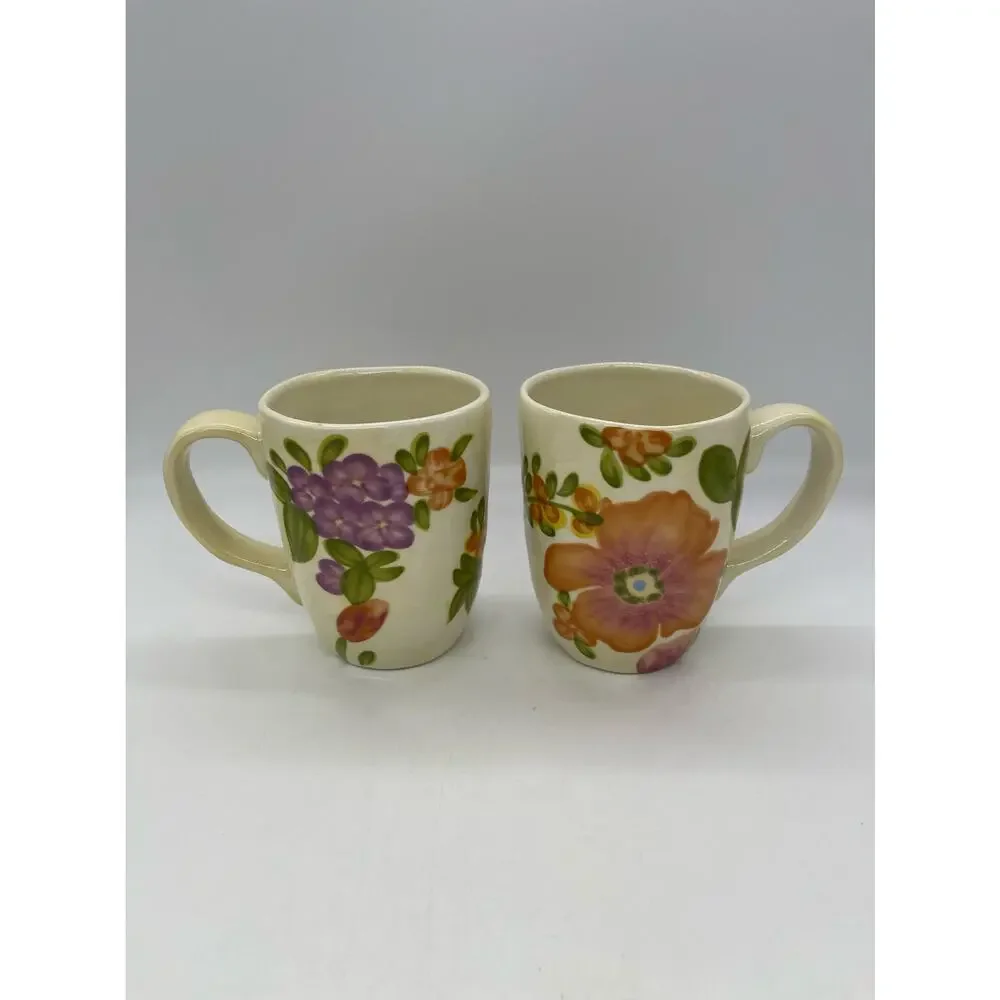 Pier 1 Antoinette Hand Painted Earthenware Coffee Mugs Set of 2